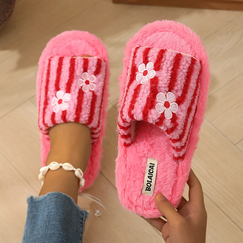 Flower Embroidery Stripe Plush - Women'S Fashion Korea ulasan dan harga