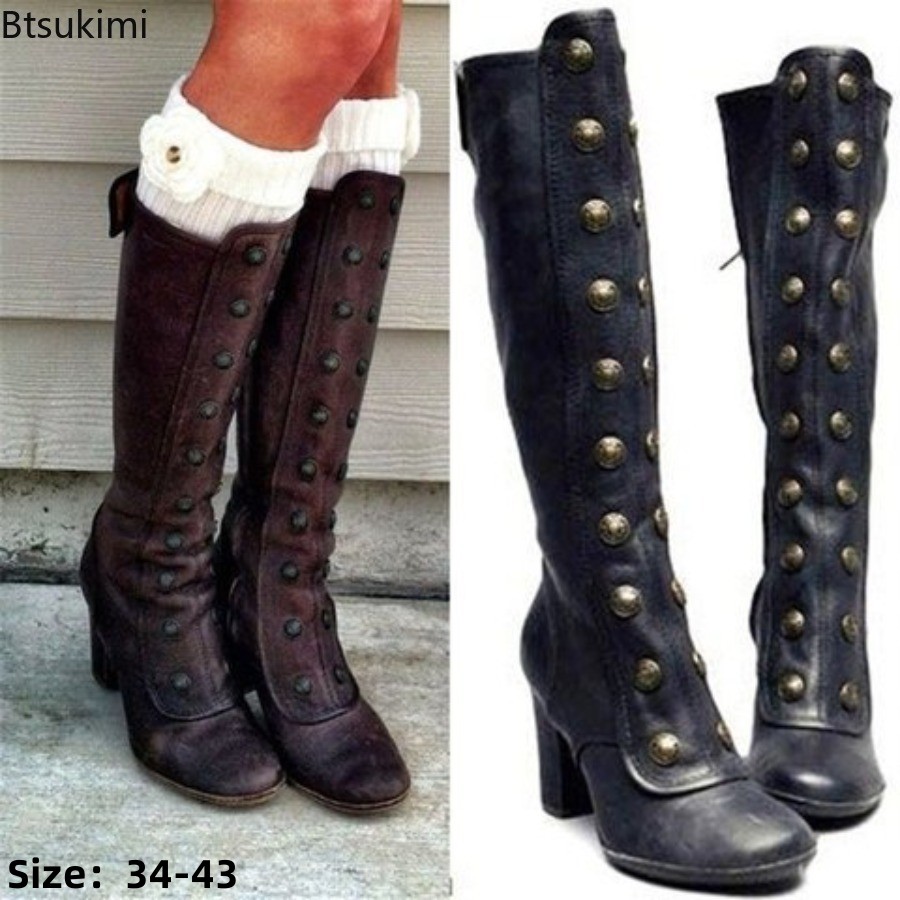 Retro Black Fashion Rivet Deco - Women'S Fashion Knee High Boots ulasan dan harga
