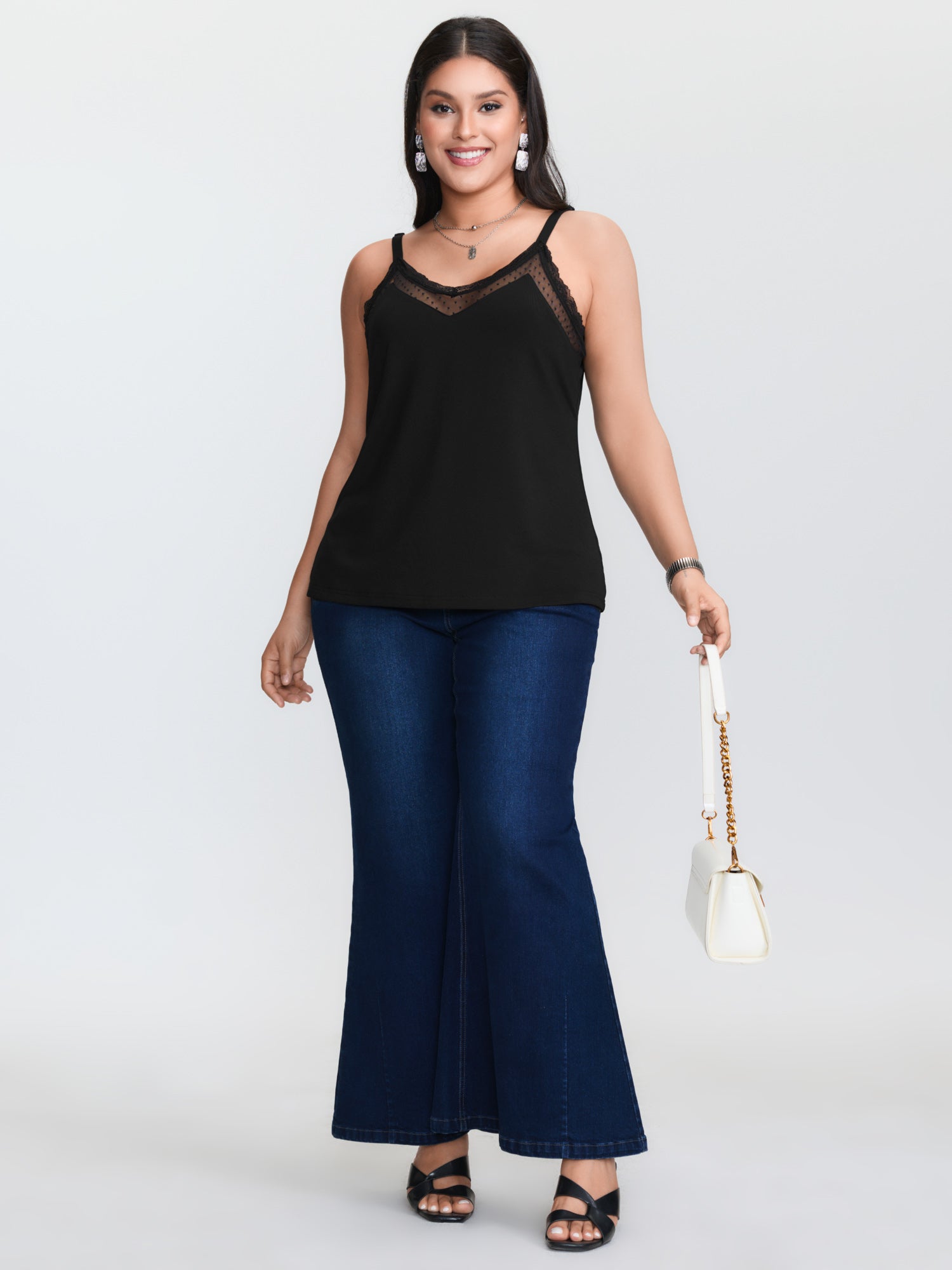 Plus‑size Black Knitted Camiso - Lace Trim Cami ulasan dan harga