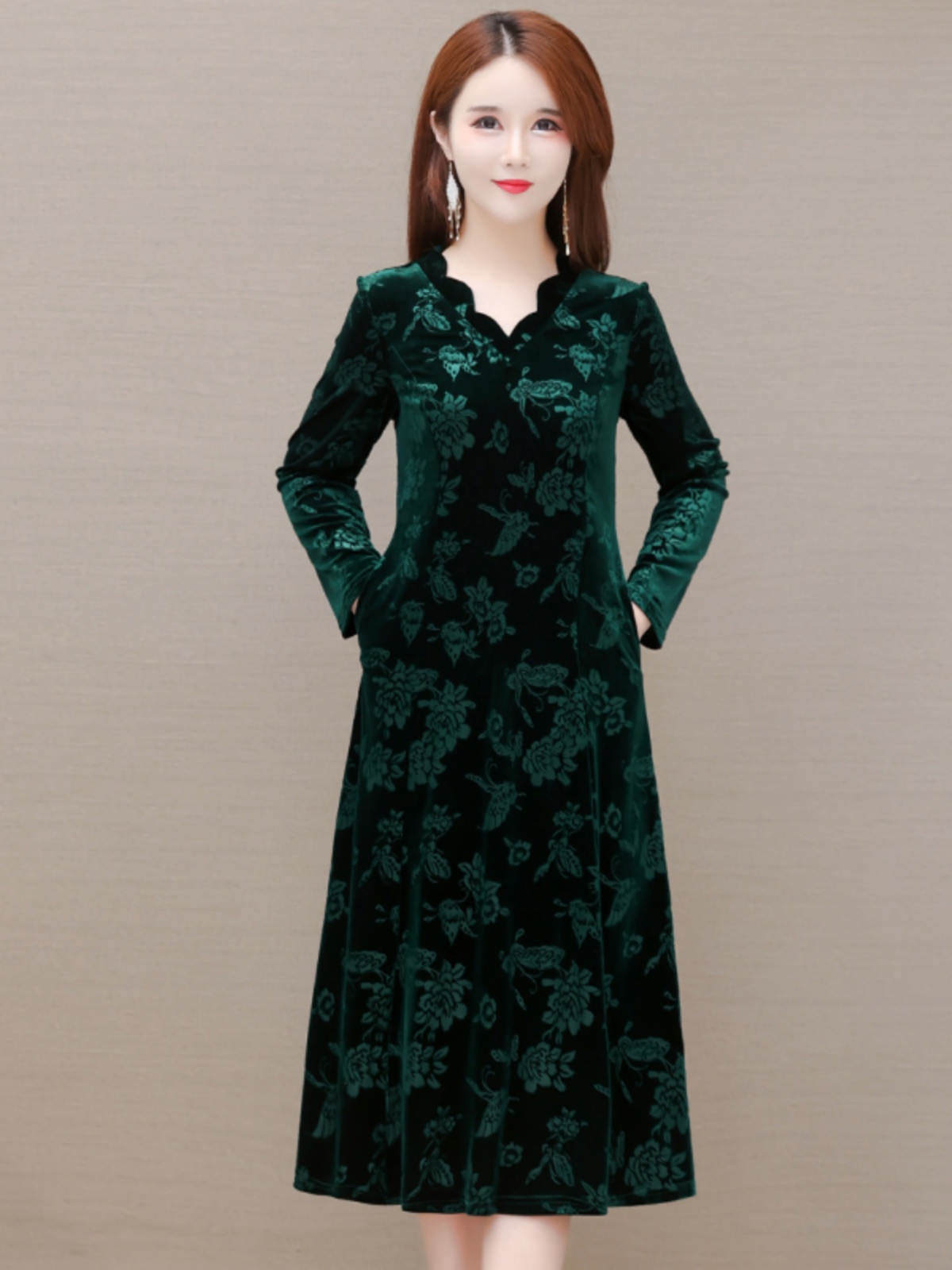Elegant Velvet Dress V-Neck Mi - Women Fashion Over The Years ulasan dan harga